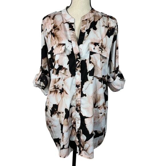 Calvin Klein SZ 1X-Large Top Floral Long Roll-Tab Sleeve Pocket V-Neck Button-Up - Picture 2 of 12